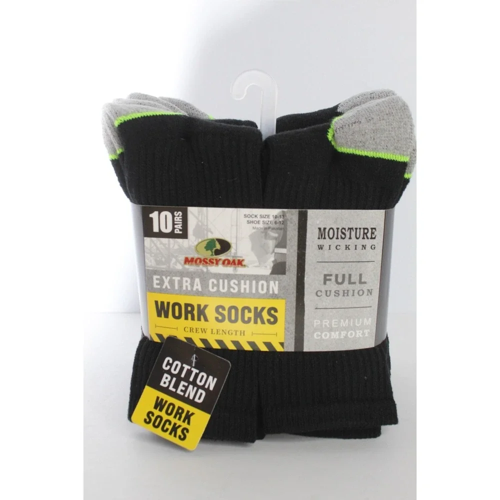 Mossy Oak Work Crew Socks Extra Cushion 10 Pair Size 10-13 Moisture Wicking Mens